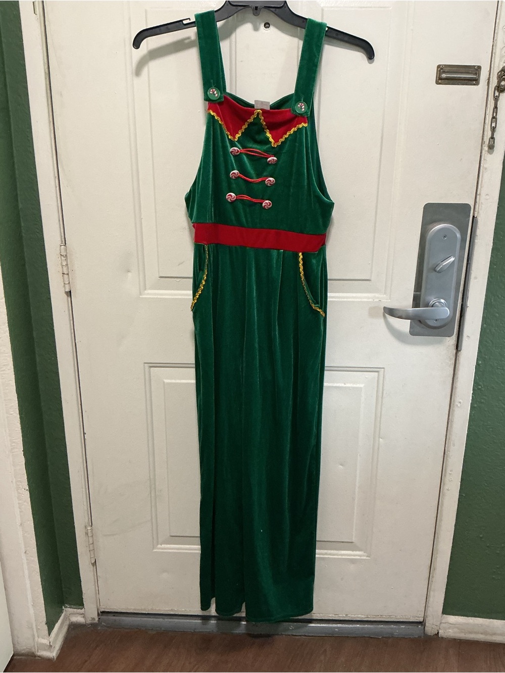 No Boundaries Elf Green and Red Velvet Holiday Top with Gold Trim